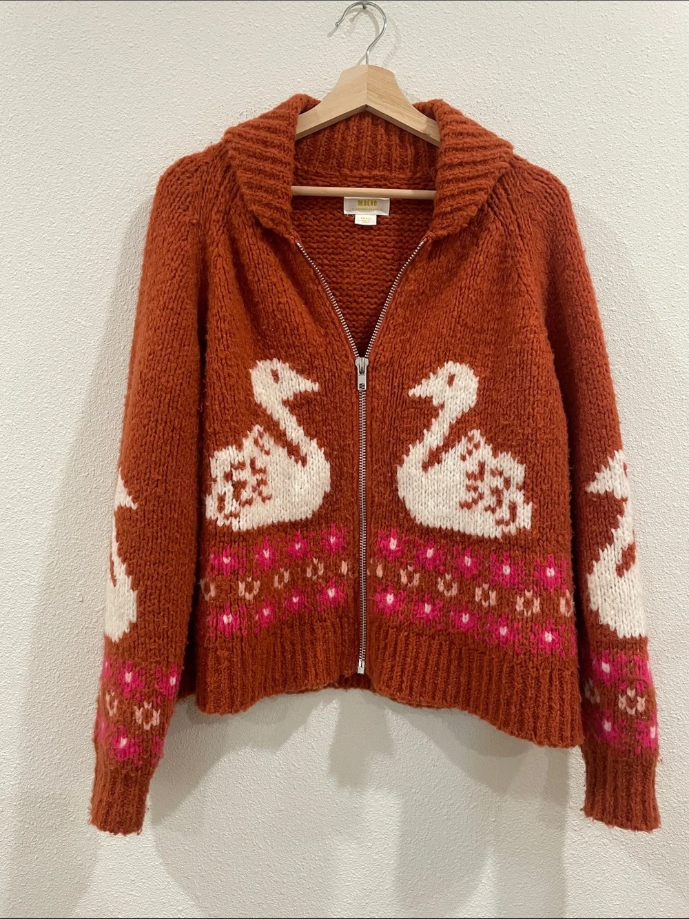 Anthropologie Swan Intarsia Zip Cardigan Rust Wool Blend Novelty Sweater Jacket - Picture 6 of 16